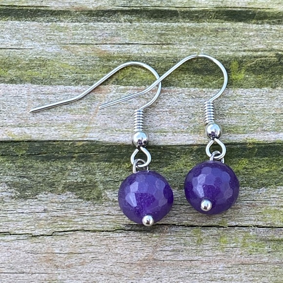 Amethyst glass bead earrings 8 mm faceted amethyst round ball dangles - Picture 2 of 6